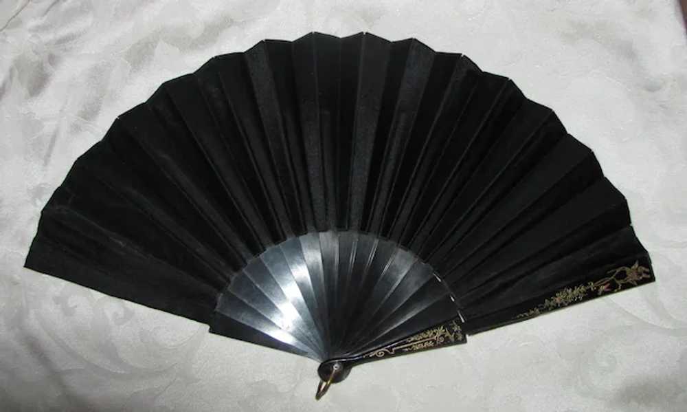 Victorian Hand Panted Satin Fan with Wood Sticks … - image 5