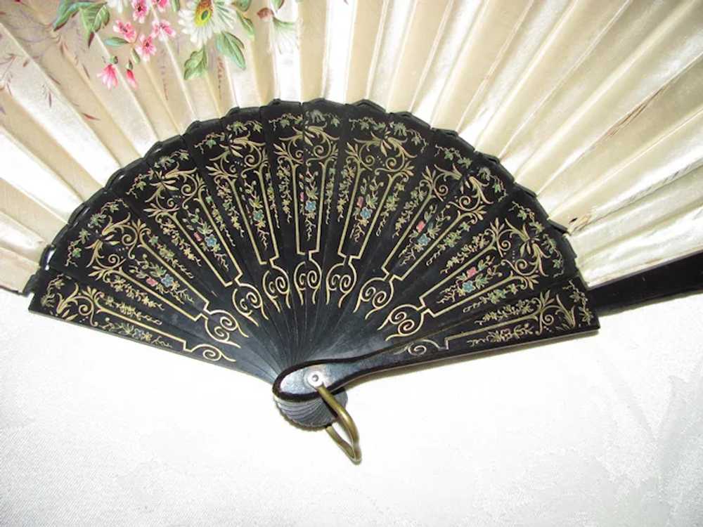 Victorian Hand Panted Satin Fan with Wood Sticks … - image 6