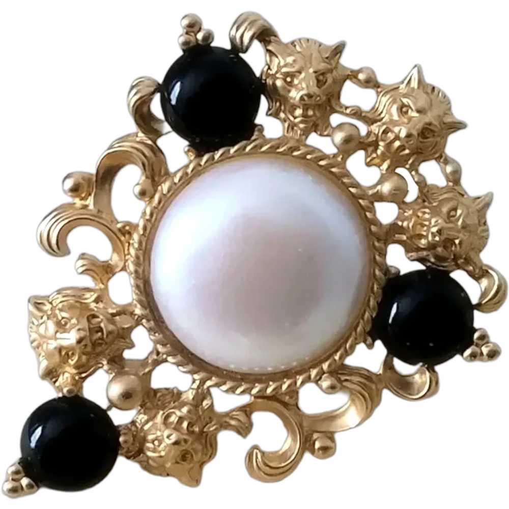 Avon Baroque Style Lion Heads Imitation Pearl Bla… - image 1