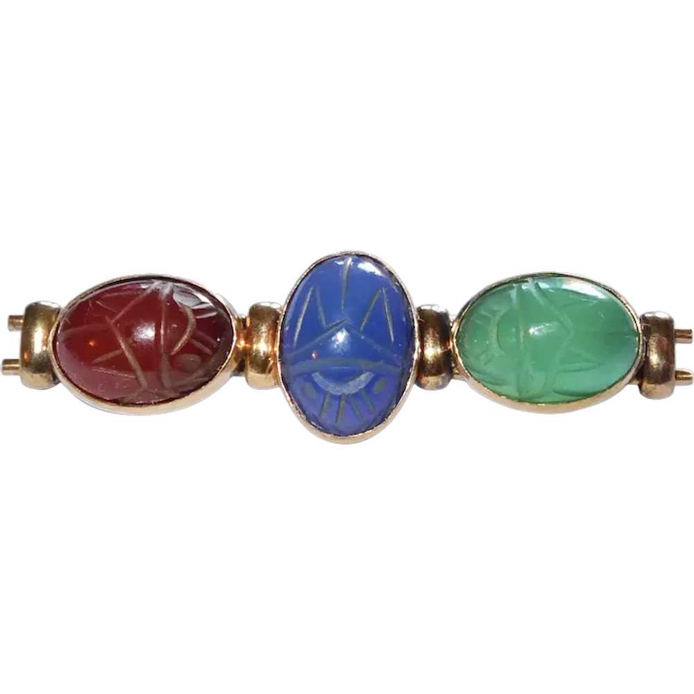 Egyptian Revival Gold Filled Stone Scarab Bar Pin - image 1