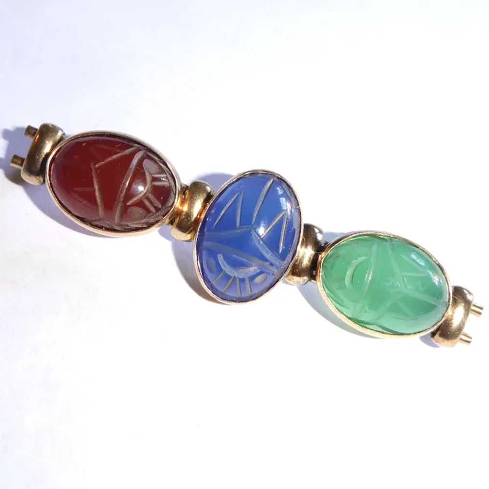 Egyptian Revival Gold Filled Stone Scarab Bar Pin - image 2