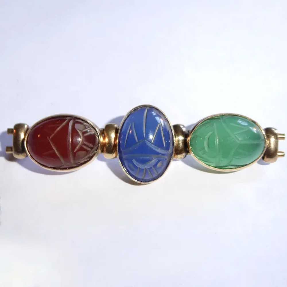 Egyptian Revival Gold Filled Stone Scarab Bar Pin - image 3