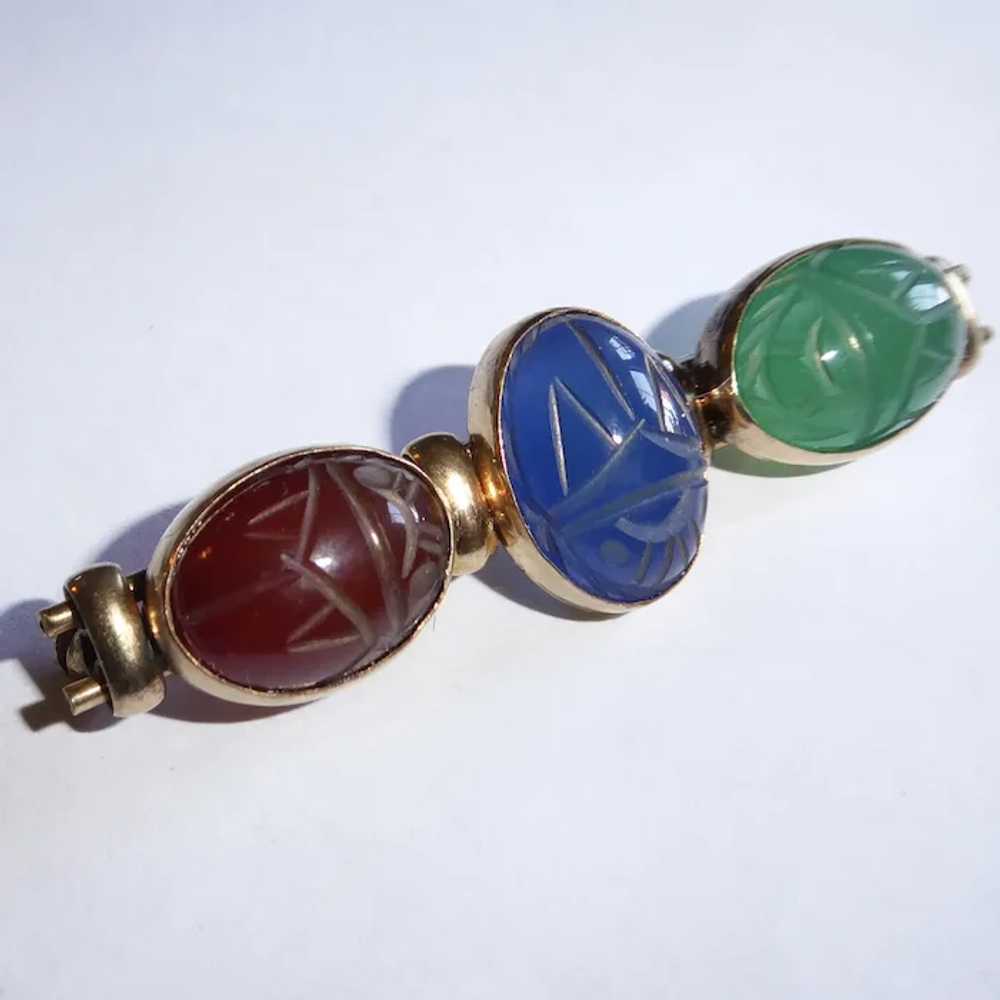 Egyptian Revival Gold Filled Stone Scarab Bar Pin - image 4