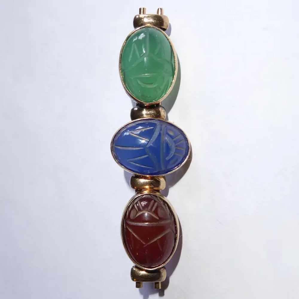 Egyptian Revival Gold Filled Stone Scarab Bar Pin - image 5