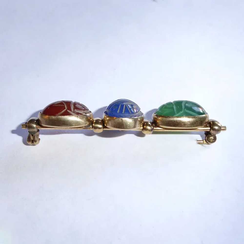 Egyptian Revival Gold Filled Stone Scarab Bar Pin - image 6