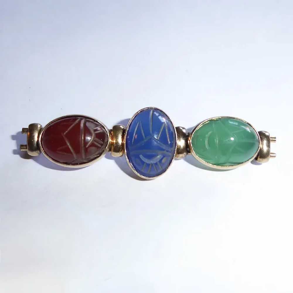 Egyptian Revival Gold Filled Stone Scarab Bar Pin - image 9