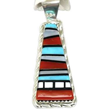 Zuni Turquoise Coral Stone Inlay Pendant Sterling… - image 1