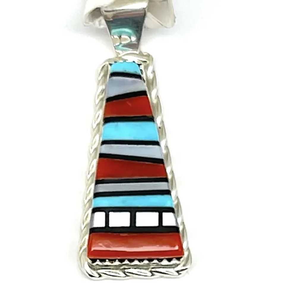 Zuni Turquoise Coral Stone Inlay Pendant Sterling… - image 2