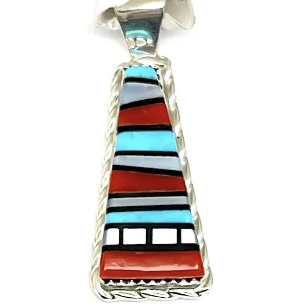 Zuni Turquoise Coral Stone Inlay Pendant Sterling… - image 3