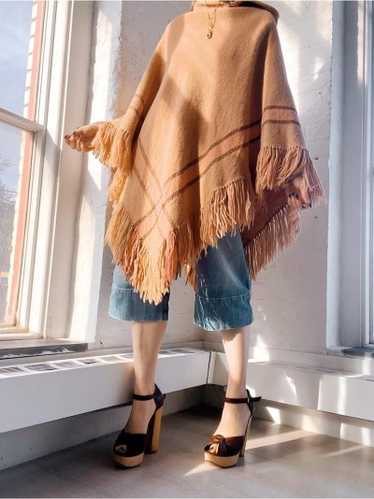 70s peach fringe hooded poncho