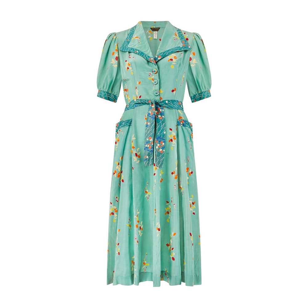 1970s Jeff Banks Seafoam Green Dress with Floral … - image 1