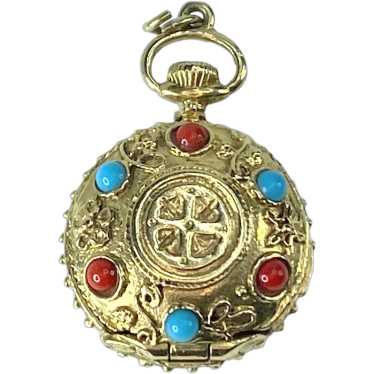 Vintage Coral Turquoise Pocket watch style locket 