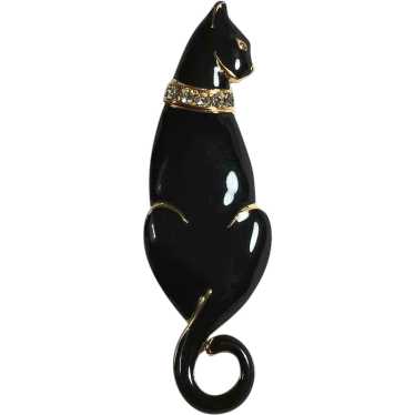 Trifari black enamel cat pin rhinestone collar - image 1