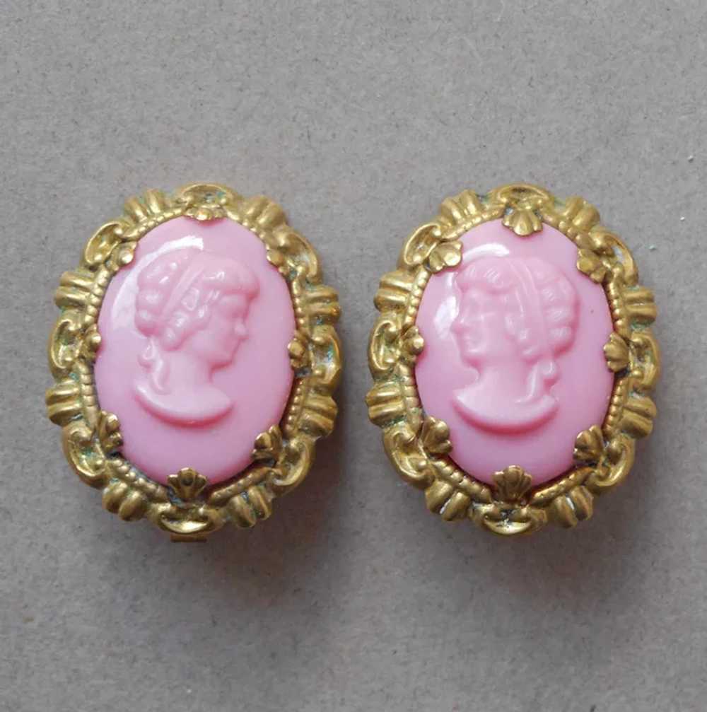 Western Germany Pink Glass Brass Cameo Pin Clip E… - image 10