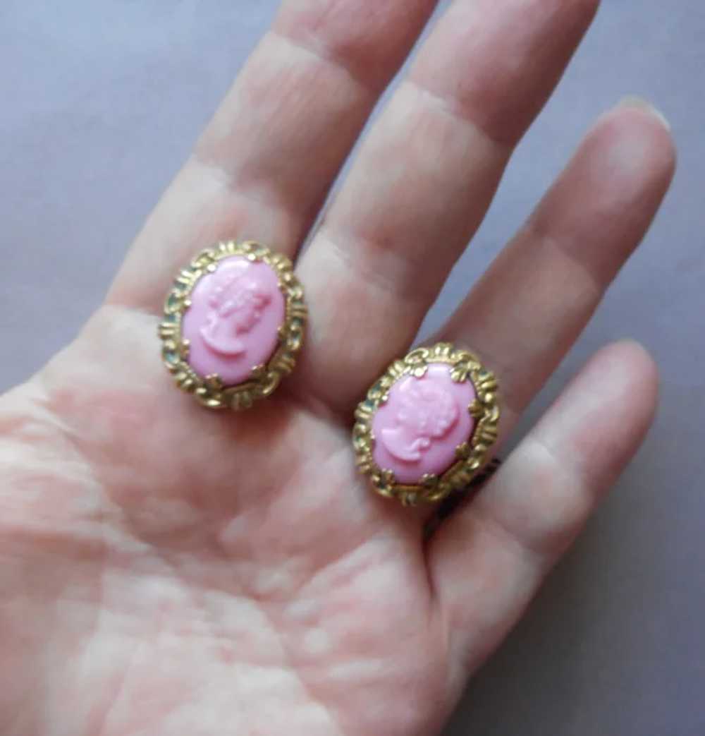 Western Germany Pink Glass Brass Cameo Pin Clip E… - image 12