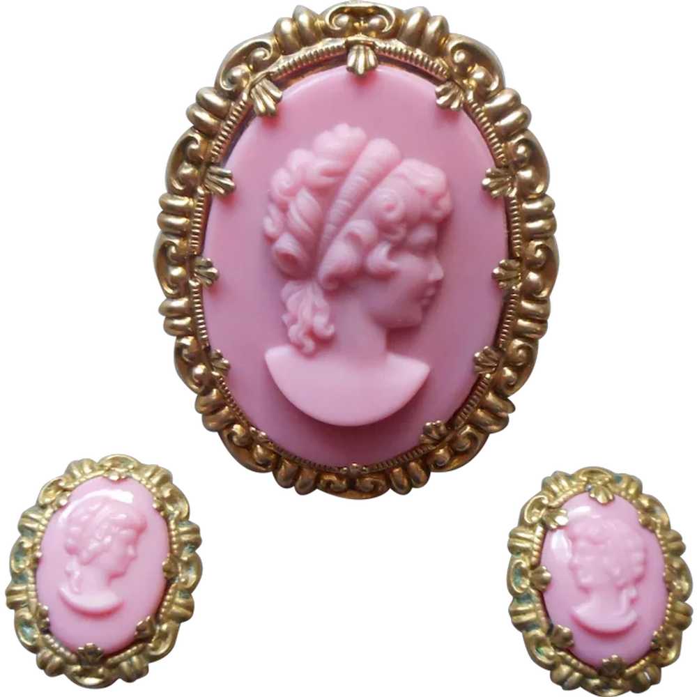 Western Germany Pink Glass Brass Cameo Pin Clip E… - image 1