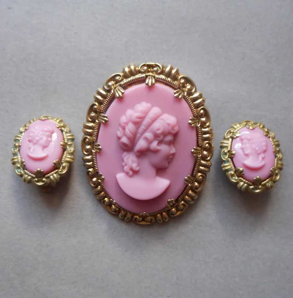 Western Germany Pink Glass Brass Cameo Pin Clip E… - image 2