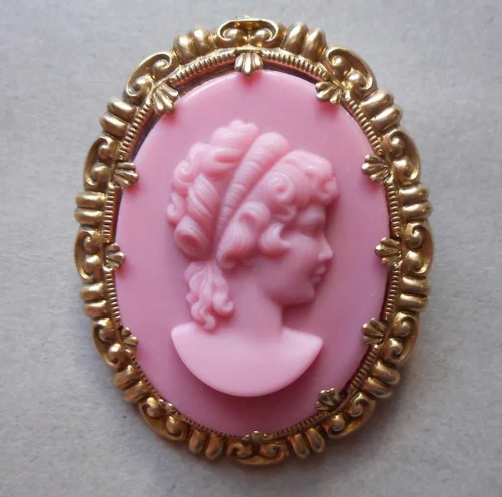 Western Germany Pink Glass Brass Cameo Pin Clip E… - image 3