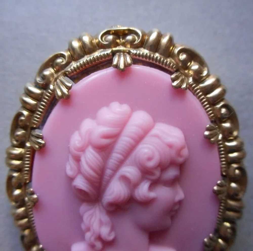 Western Germany Pink Glass Brass Cameo Pin Clip E… - image 4