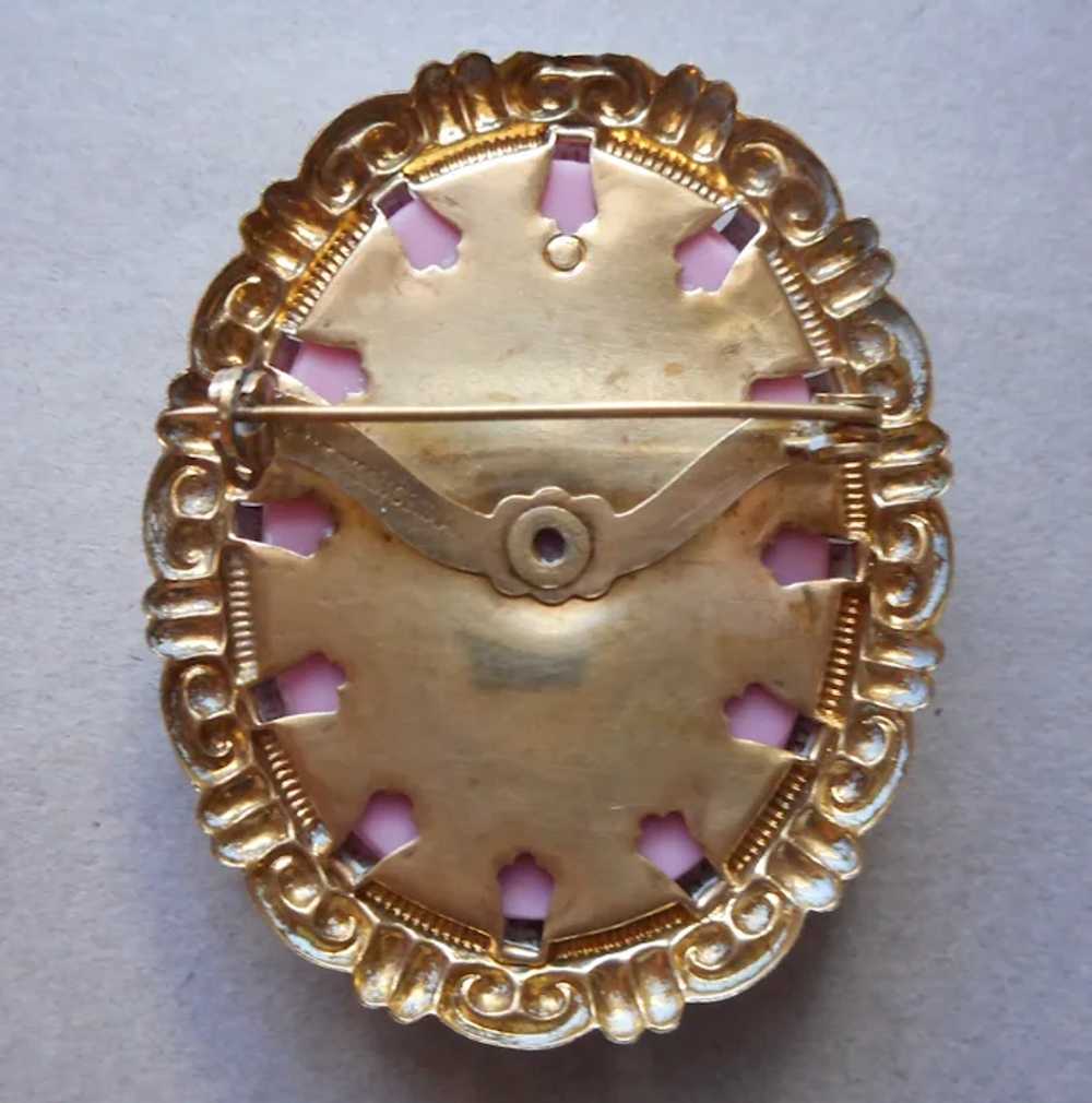 Western Germany Pink Glass Brass Cameo Pin Clip E… - image 5