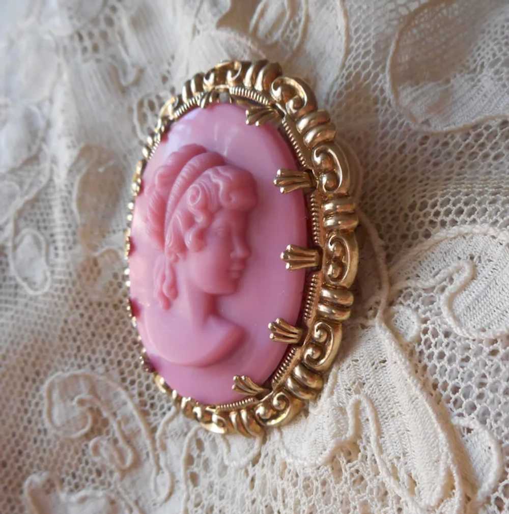 Western Germany Pink Glass Brass Cameo Pin Clip E… - image 8