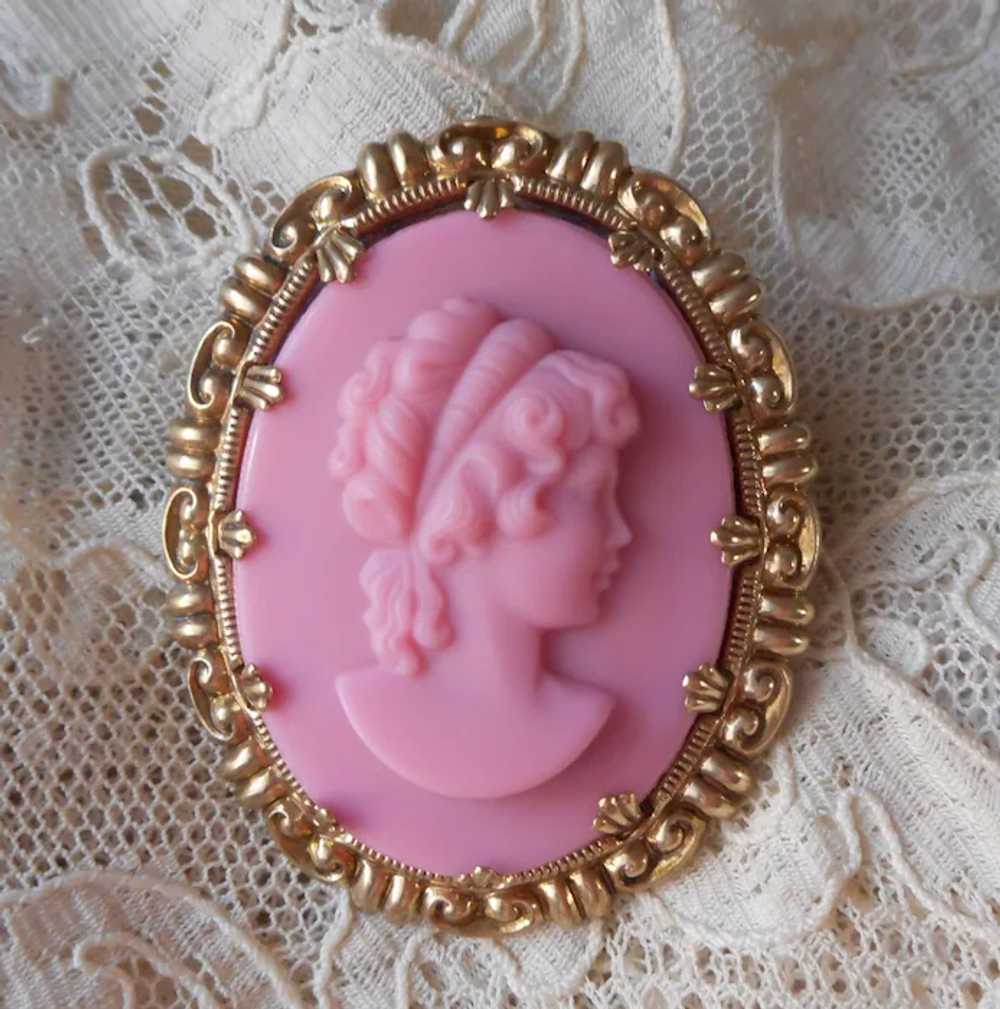 Western Germany Pink Glass Brass Cameo Pin Clip E… - image 9