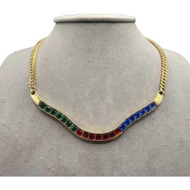 Jewel Tones Glass Stone Collar Necklace Semi Rigi… - image 1