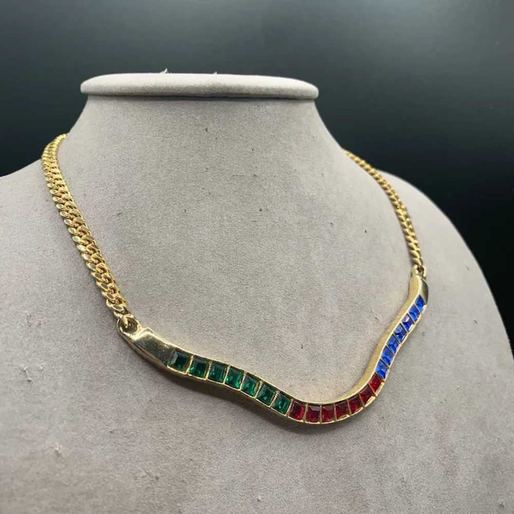 Jewel Tones Glass Stone Collar Necklace Semi Rigi… - image 2