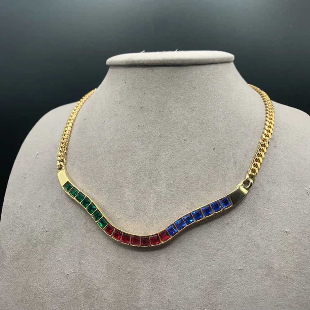 Jewel Tones Glass Stone Collar Necklace Semi Rigi… - image 3
