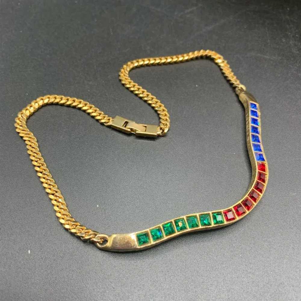Jewel Tones Glass Stone Collar Necklace Semi Rigi… - image 4
