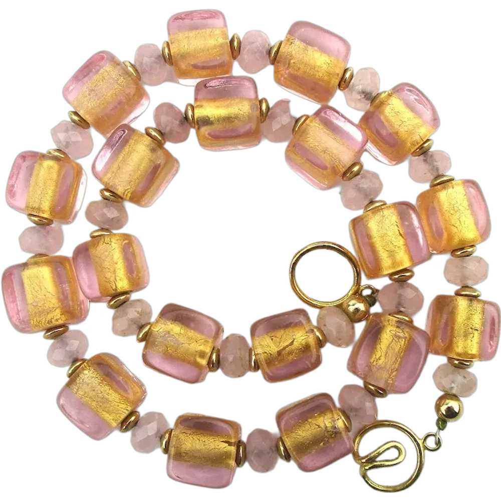 Pretty Pink Gilded Glass Bead Necklace - image 1