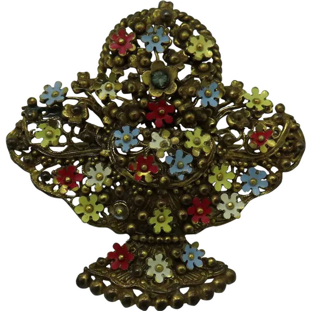 Lovely Large Vintage Flower Basket Brooch Czech E… - image 1