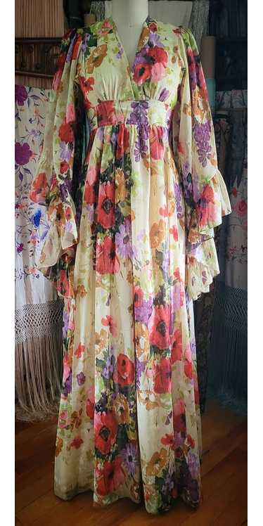 1970s Floral Print Voile Angel Sleeve Dress
