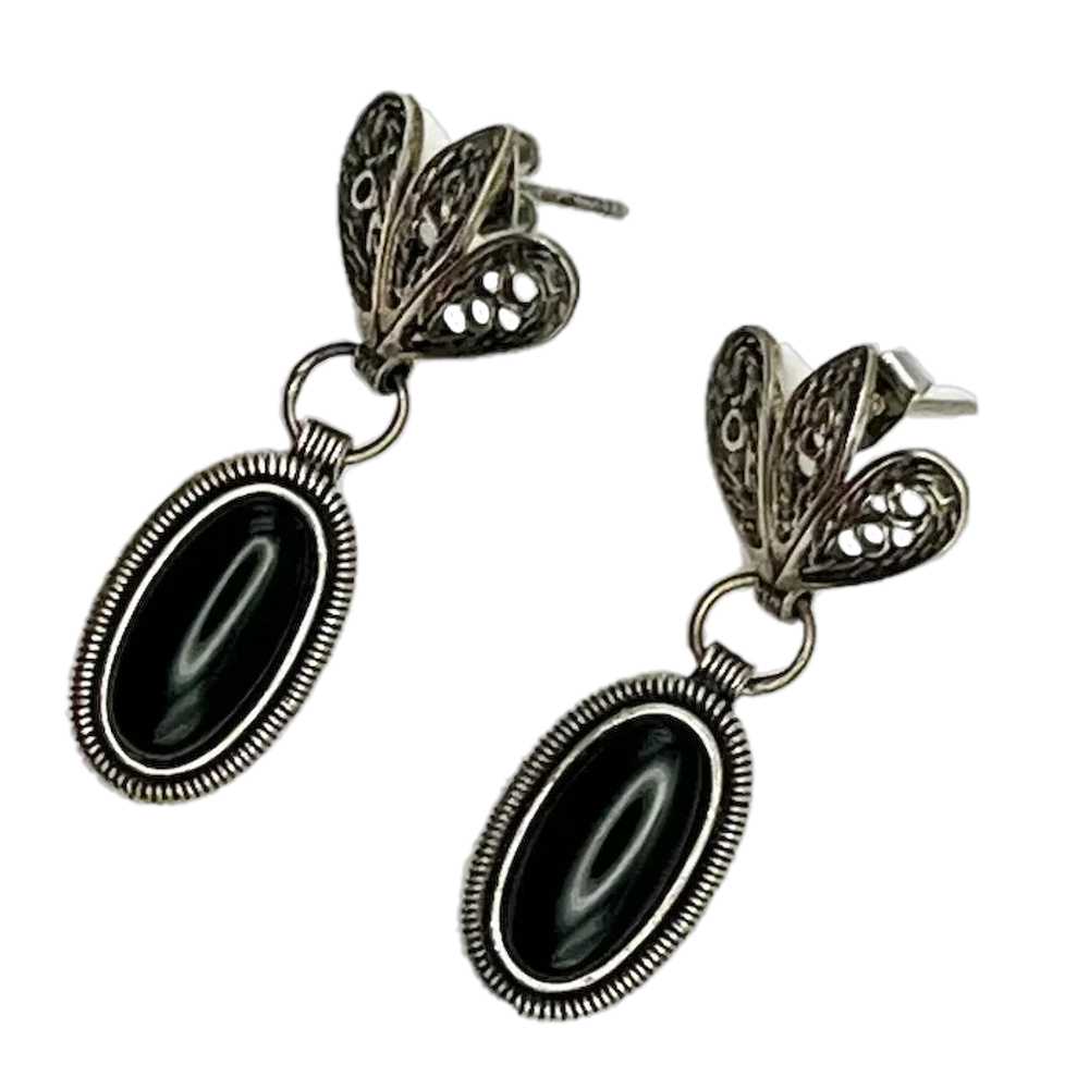 Sterling Silver Filigree Art Deco Style Black Ova… - image 2