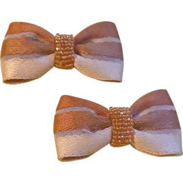 Bow Shaped Brown Cream Colored Fabric Glass Seed … - image 1