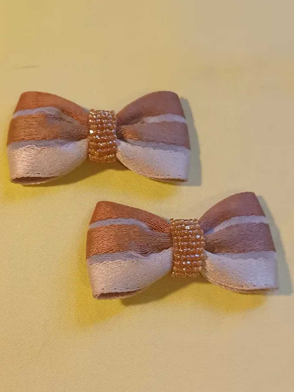 Bow Shaped Brown Cream Colored Fabric Glass Seed … - image 4