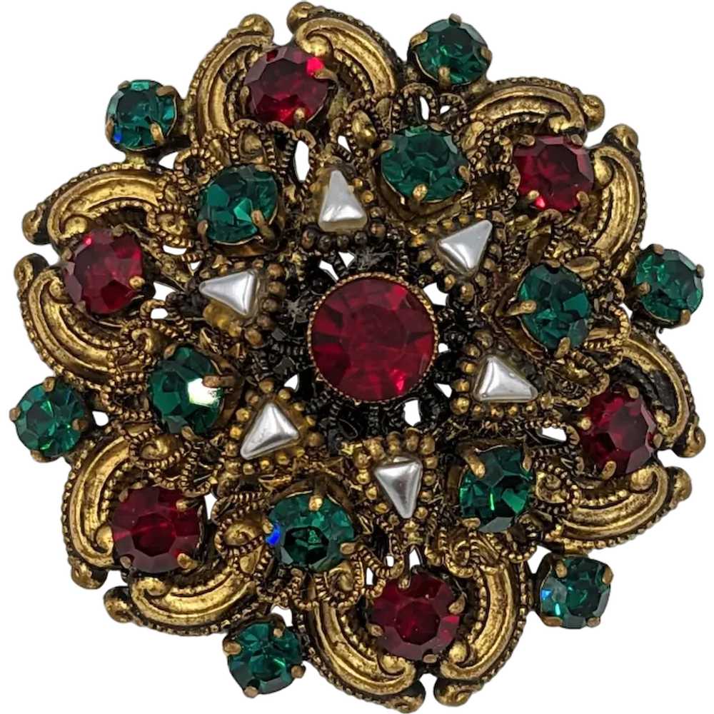 Gorgeous West Germany Ornate Filigree Brooch Red … - image 1