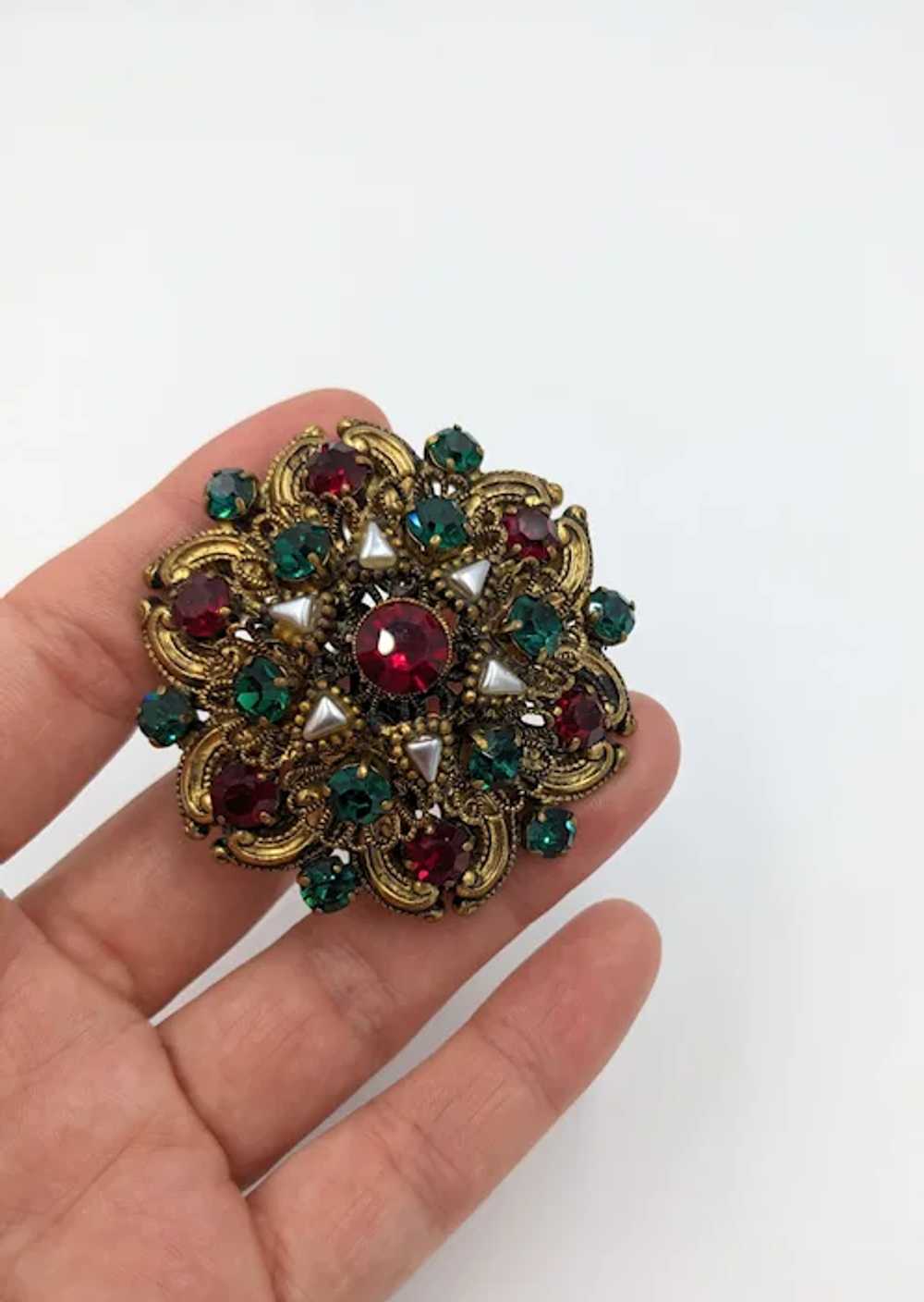 Gorgeous West Germany Ornate Filigree Brooch Red … - image 2