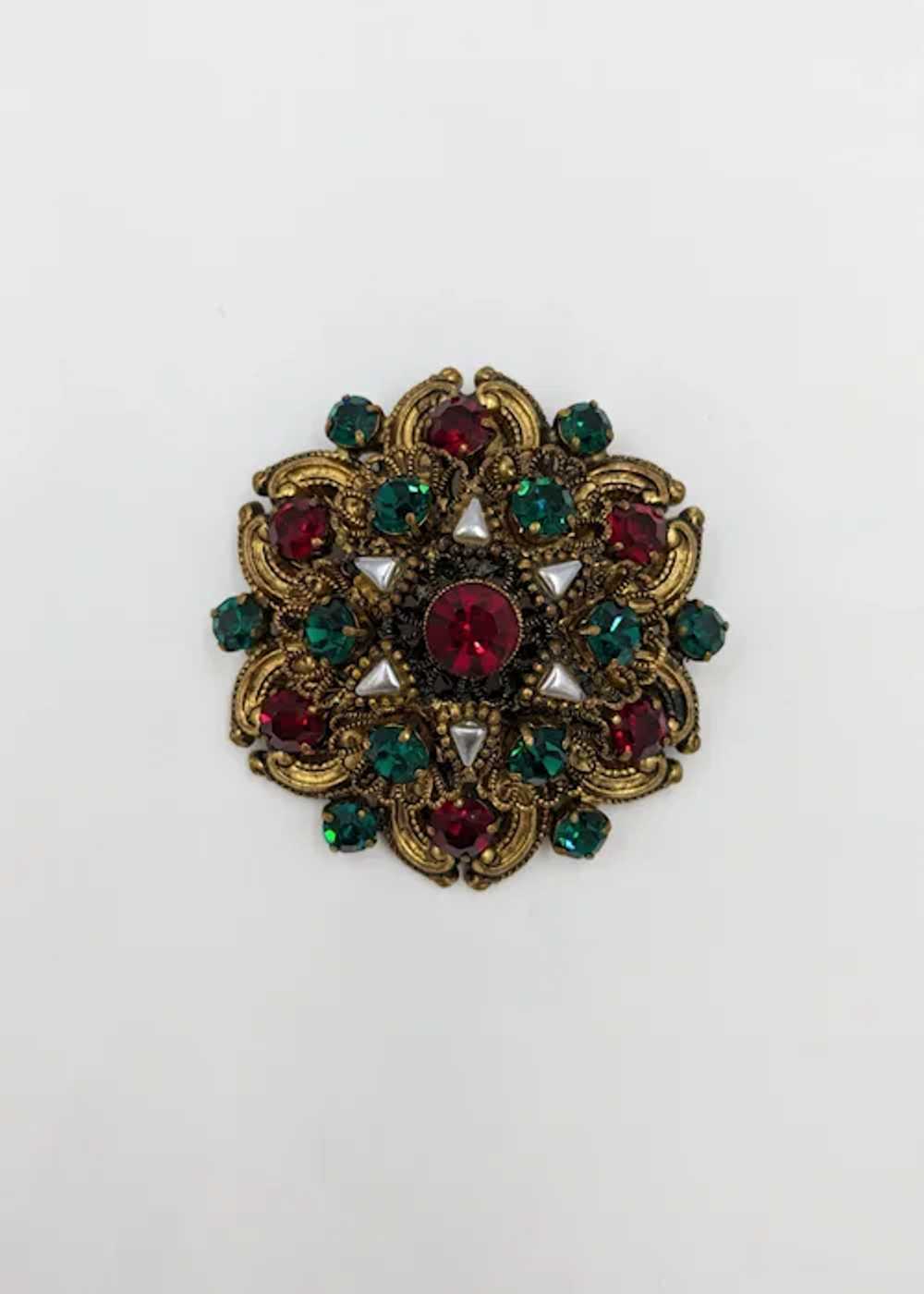 Gorgeous West Germany Ornate Filigree Brooch Red … - image 3