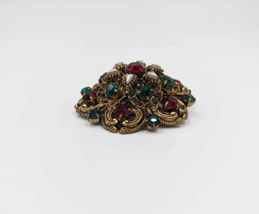 Gorgeous West Germany Ornate Filigree Brooch Red … - image 4