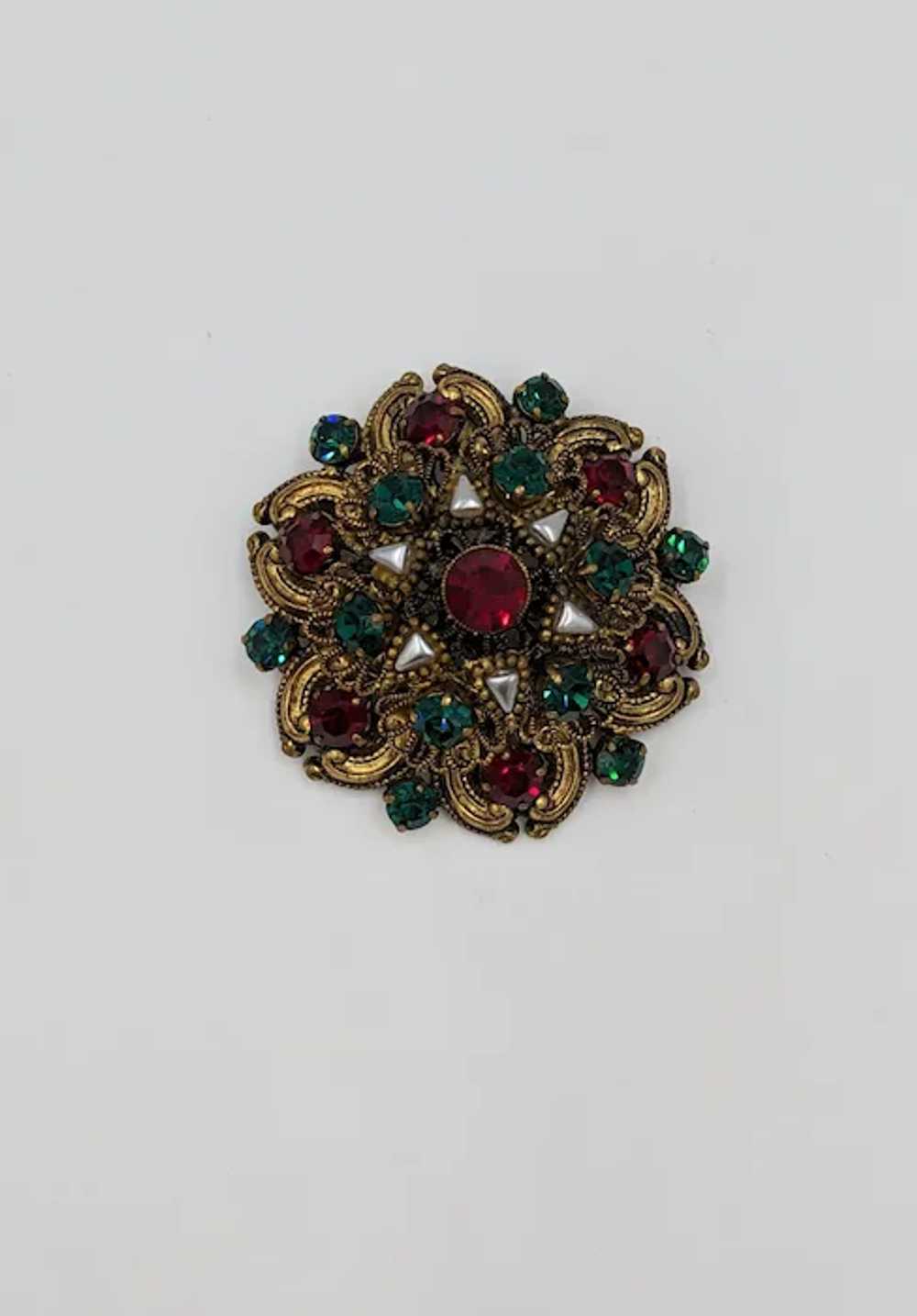 Gorgeous West Germany Ornate Filigree Brooch Red … - image 5