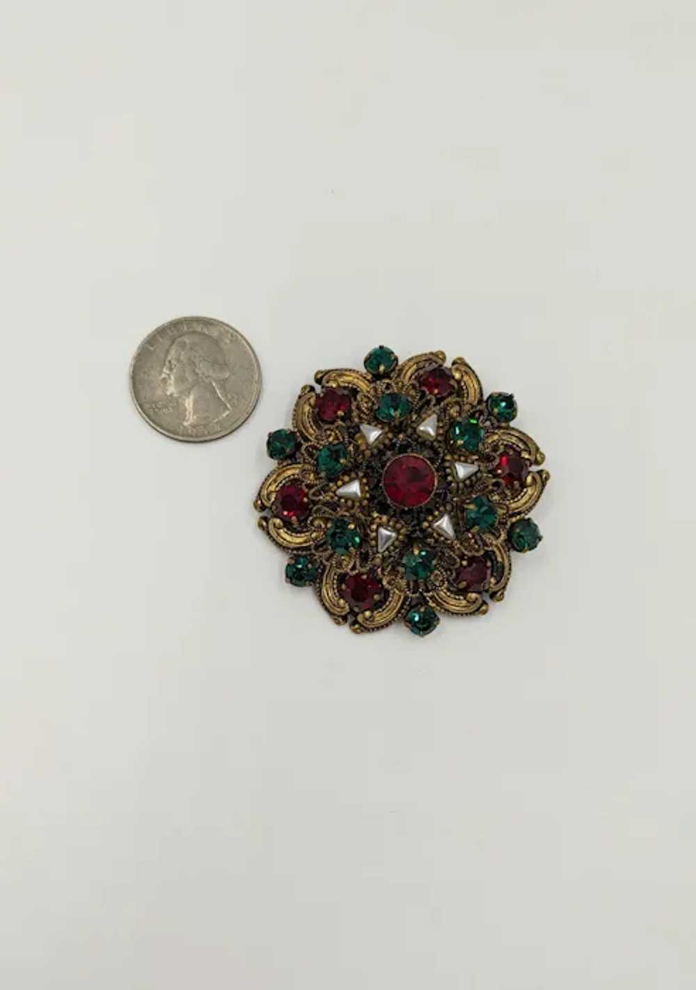 Gorgeous West Germany Ornate Filigree Brooch Red … - image 6