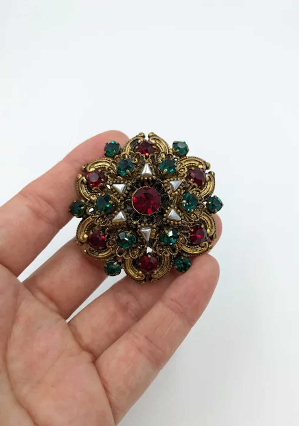 Gorgeous West Germany Ornate Filigree Brooch Red … - image 8