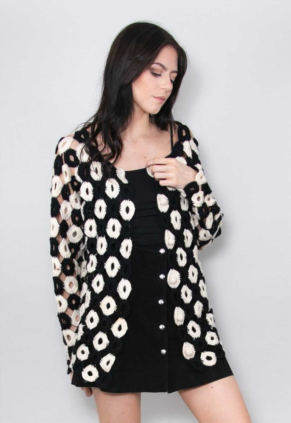 Moschino 80's Vintage Black White Crochet Wool Ca… - image 2