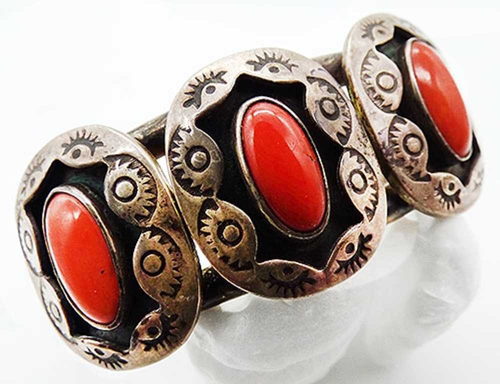 Navajo Shadowbox Coral Sterling Bracelet - image 1