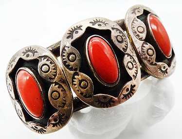 Navajo Shadowbox Coral Sterling Bracelet - image 1