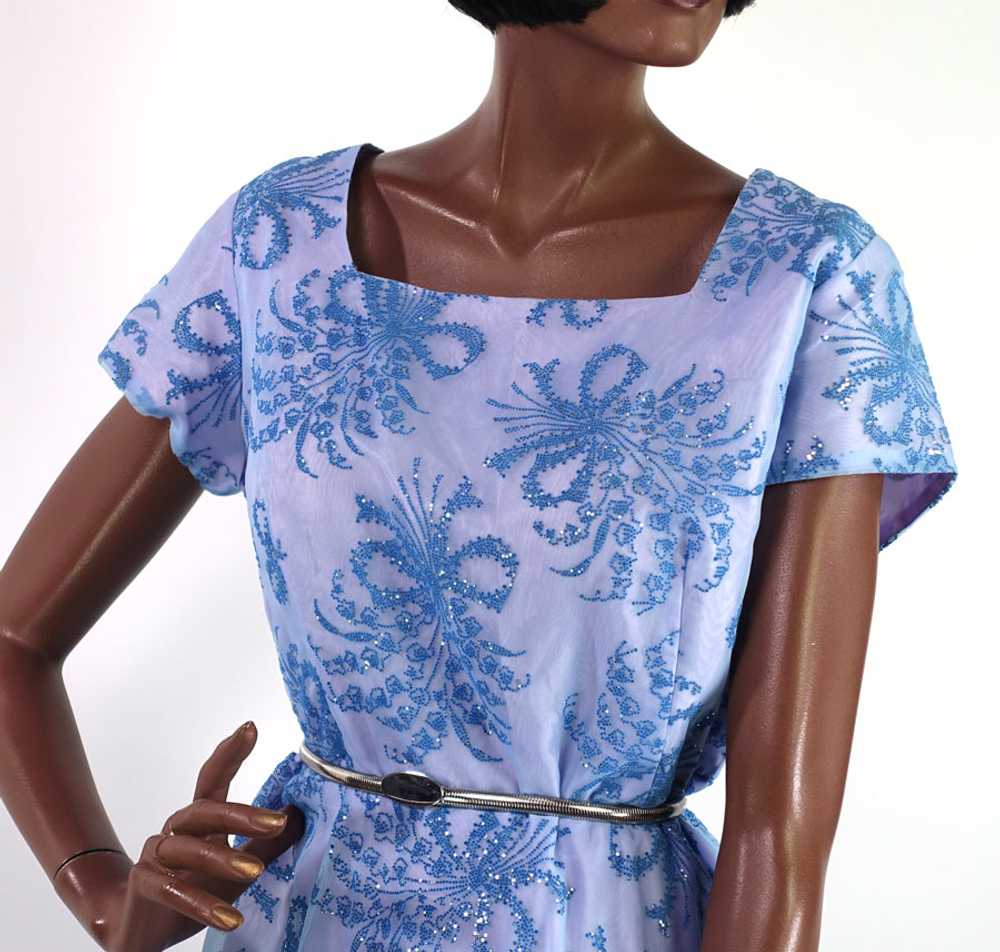 Vintage 50s 60s Blue Prom Dress XL Flocked Organz… - image 3