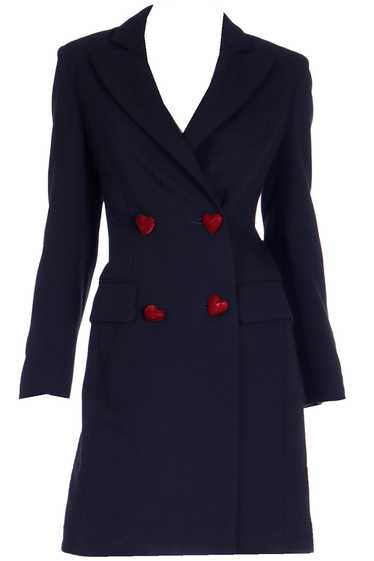 1990s Moschino Black Wool Coat w Red Velvet Heart 