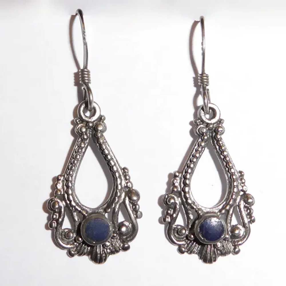 Ethnic Sterling Drop Earrings w Lapis - image 3