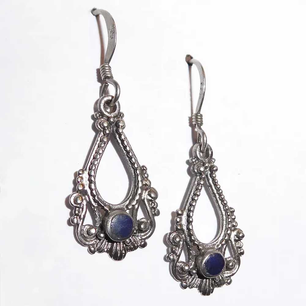 Ethnic Sterling Drop Earrings w Lapis - image 4